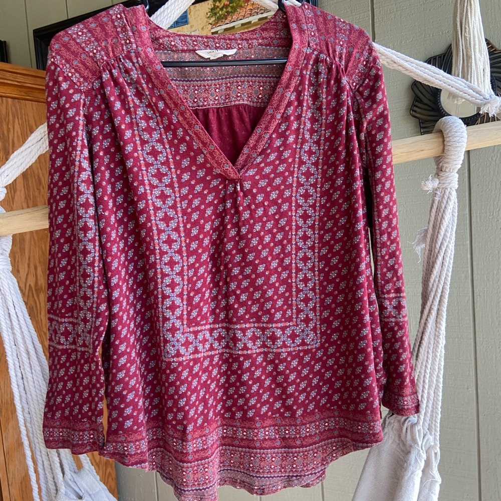 Lucky Brand Burgundy Printed V-Neck Long-Sleeve Tunic